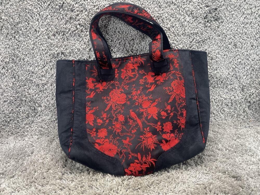 Vintage Back Satin Tote Bag Featuring a Red Embroidered Floral and Bird Design